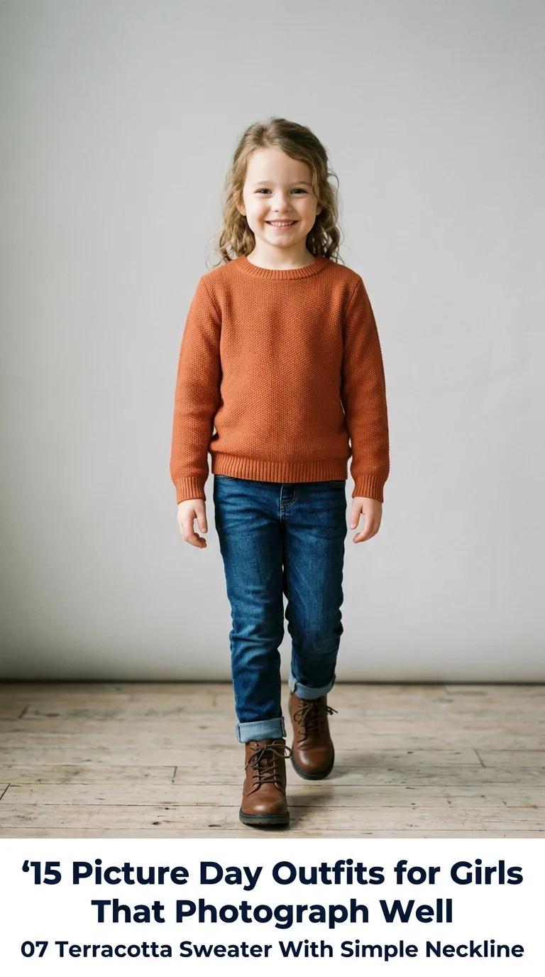 Child wearing terracotta knitted…