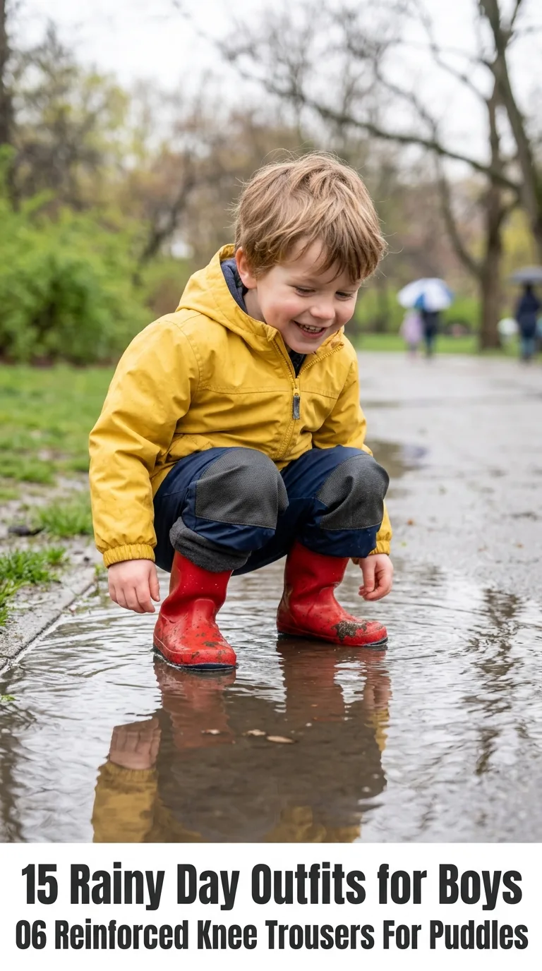 Boy kneeling by puddle
