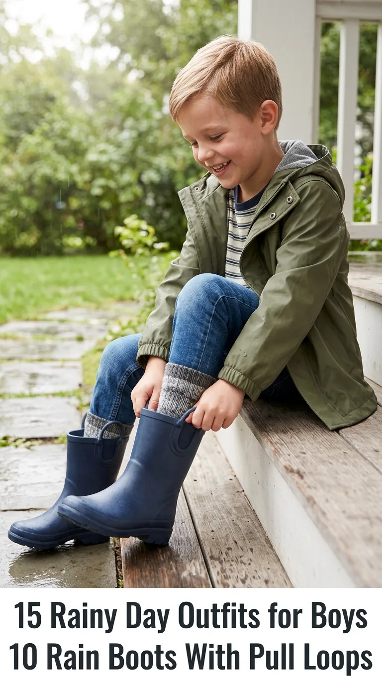 Boy putting on rain boots