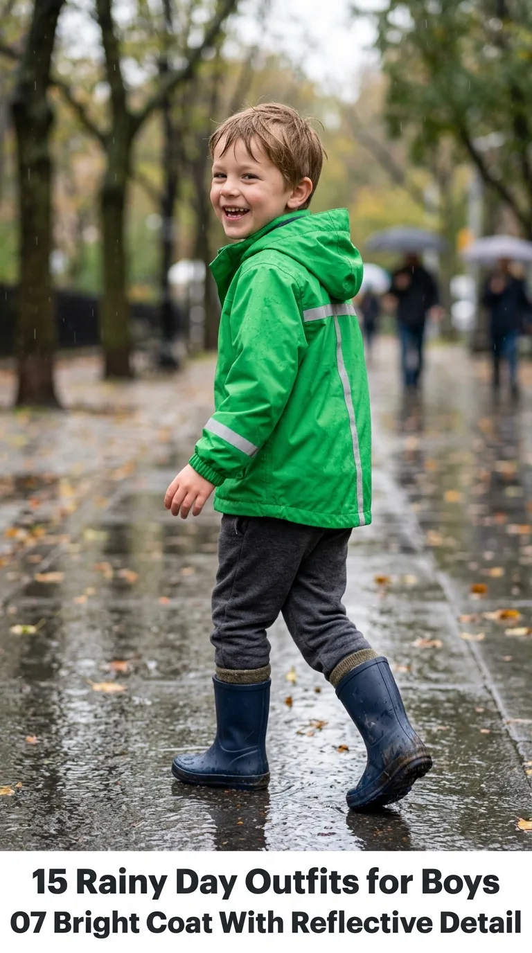 Boy walking on rainy sidewalk