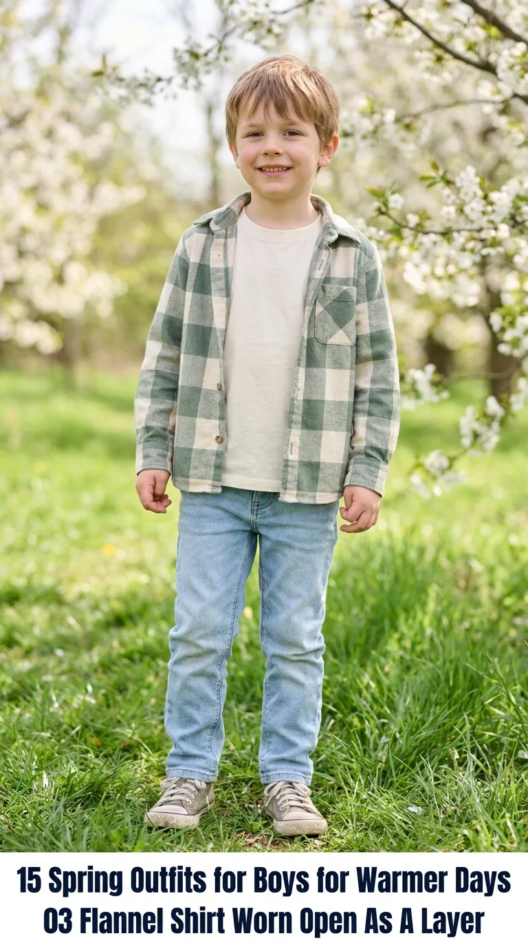 Boy wearing flannel shirt outdoors