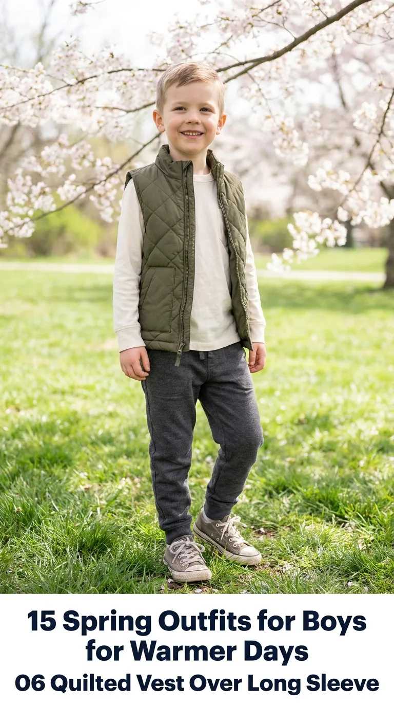 Boy wearing quilted vest outdoors