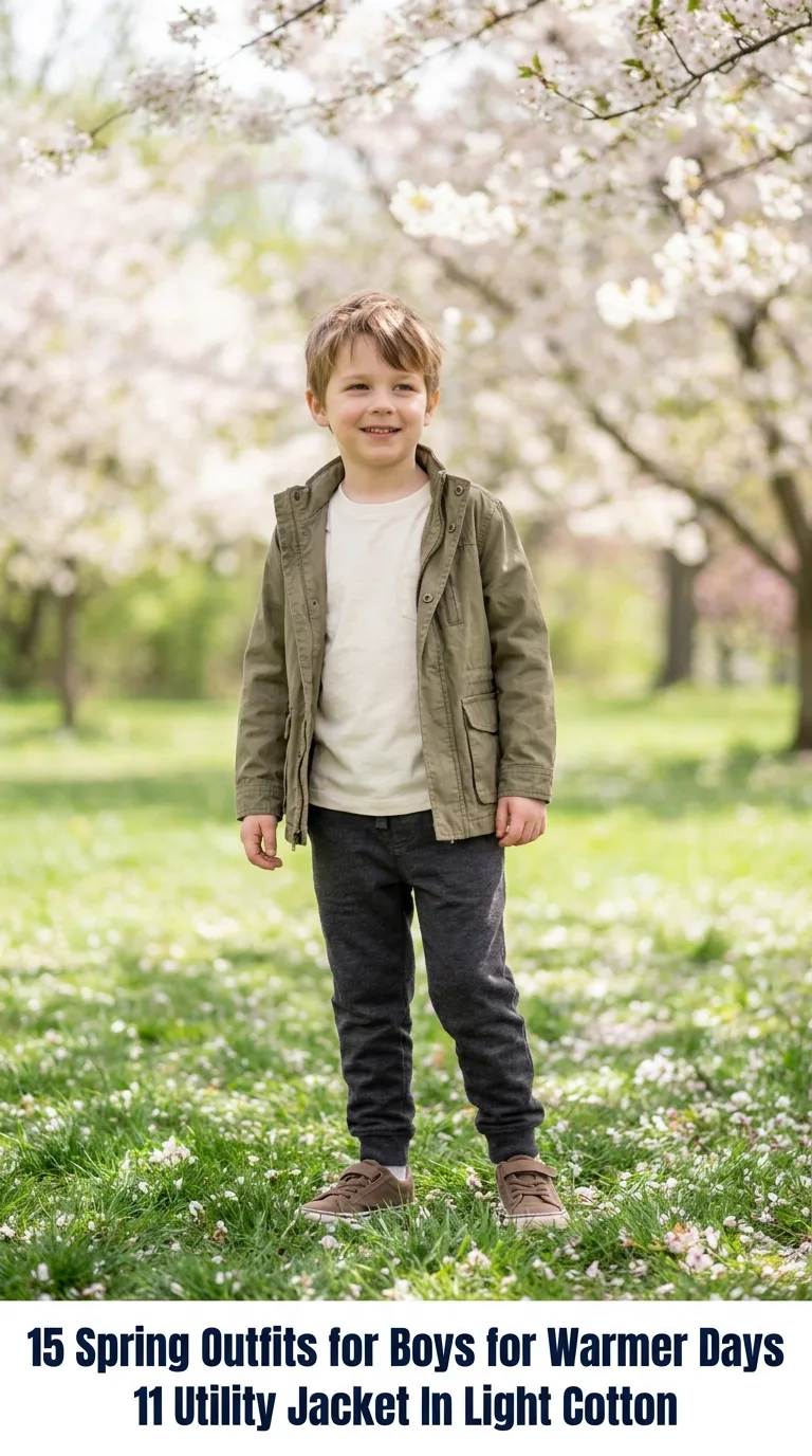 Boy wearing utility jacket outdoors