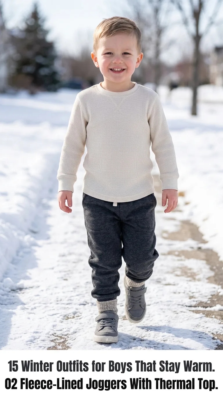 Boy smiling on snowy sidewalk