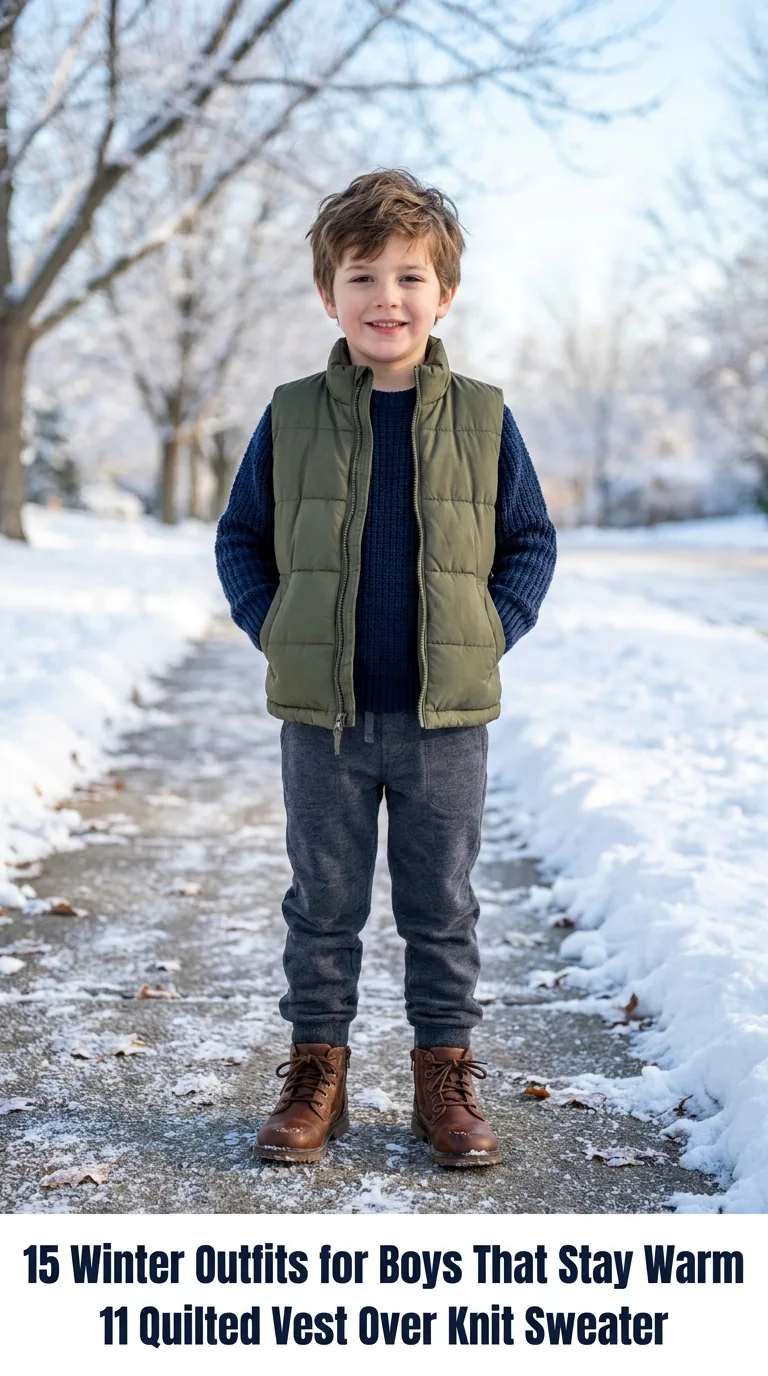 Boy standing on snowy pavement