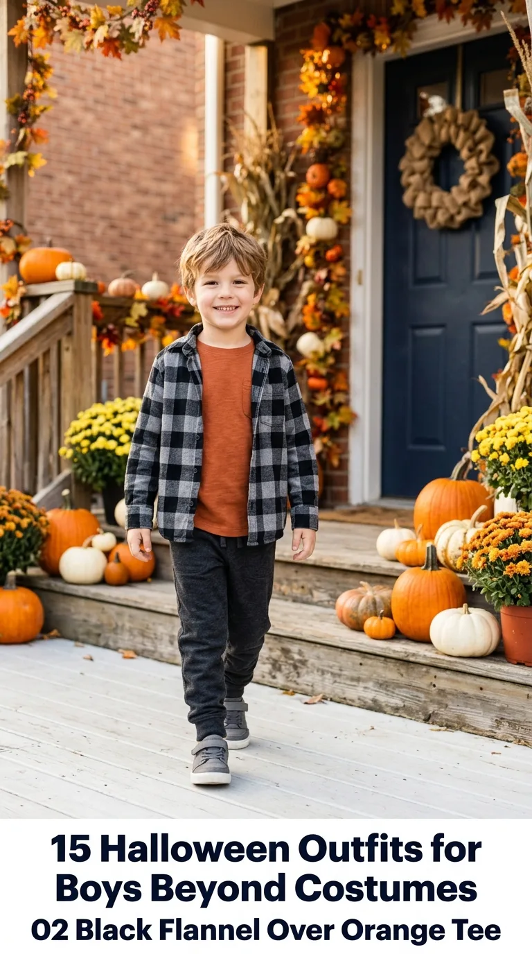 Boy wearing flannel shirt outdoors