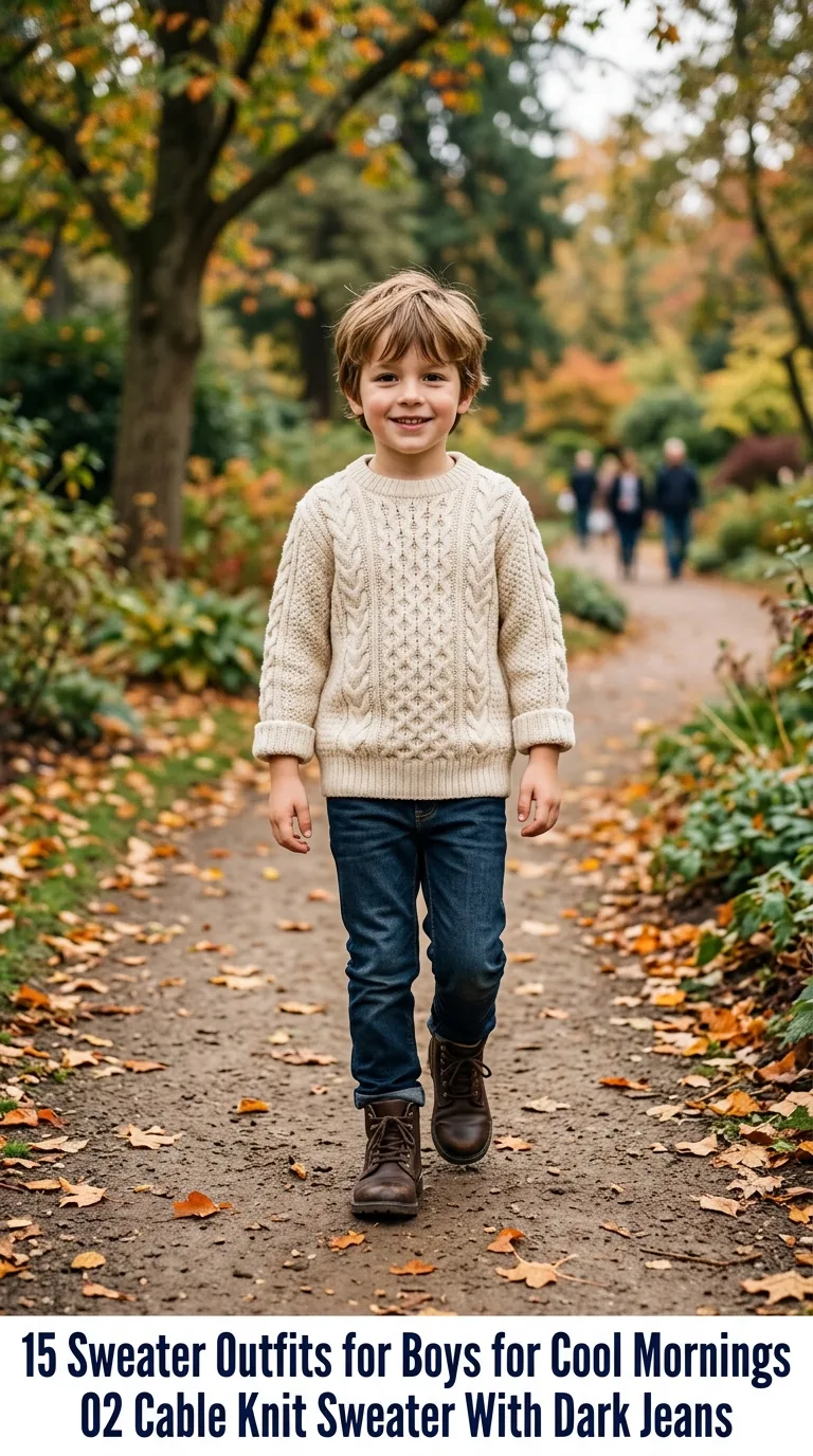 Boy wearing cable knit sweater