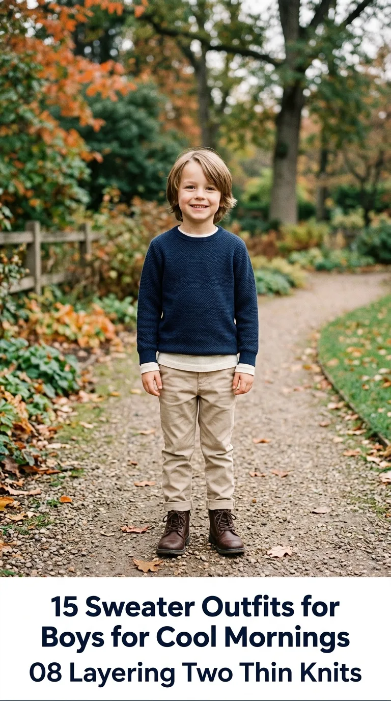 Boy modeling sweater outfit outd…
