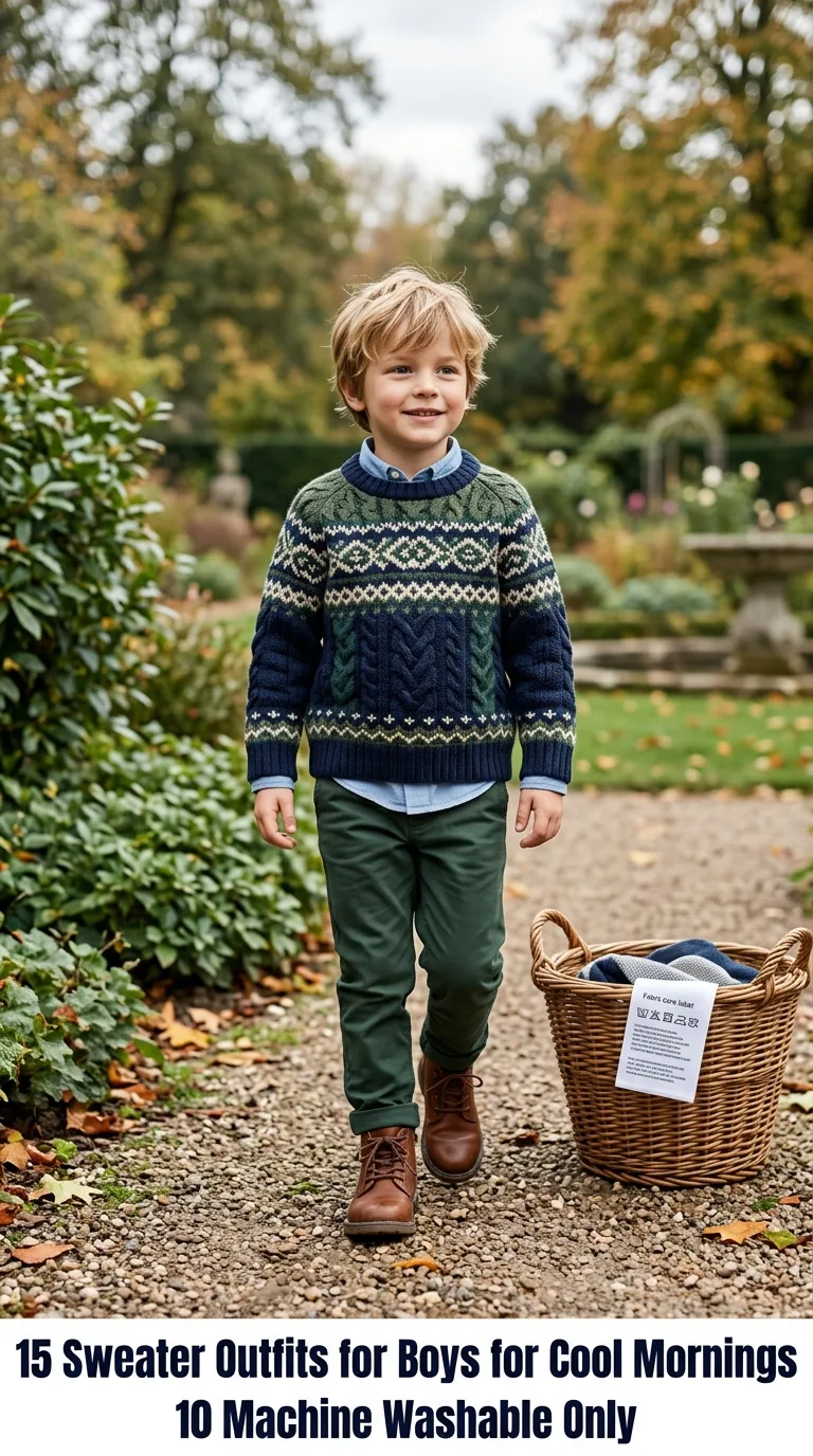 Boy wearing sweater near laundry…