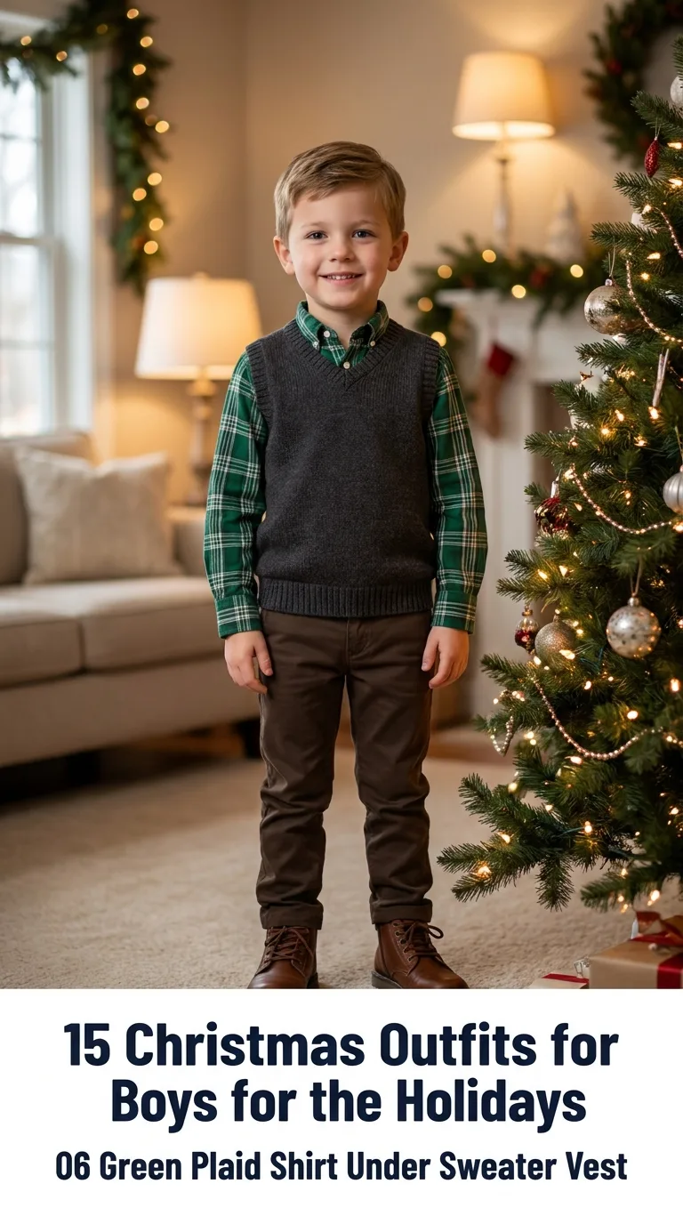 Boy wearing Christmas outfit ind…