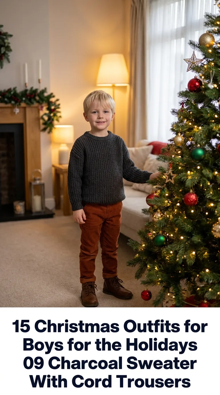 Boy wearing Christmas outfit ind…