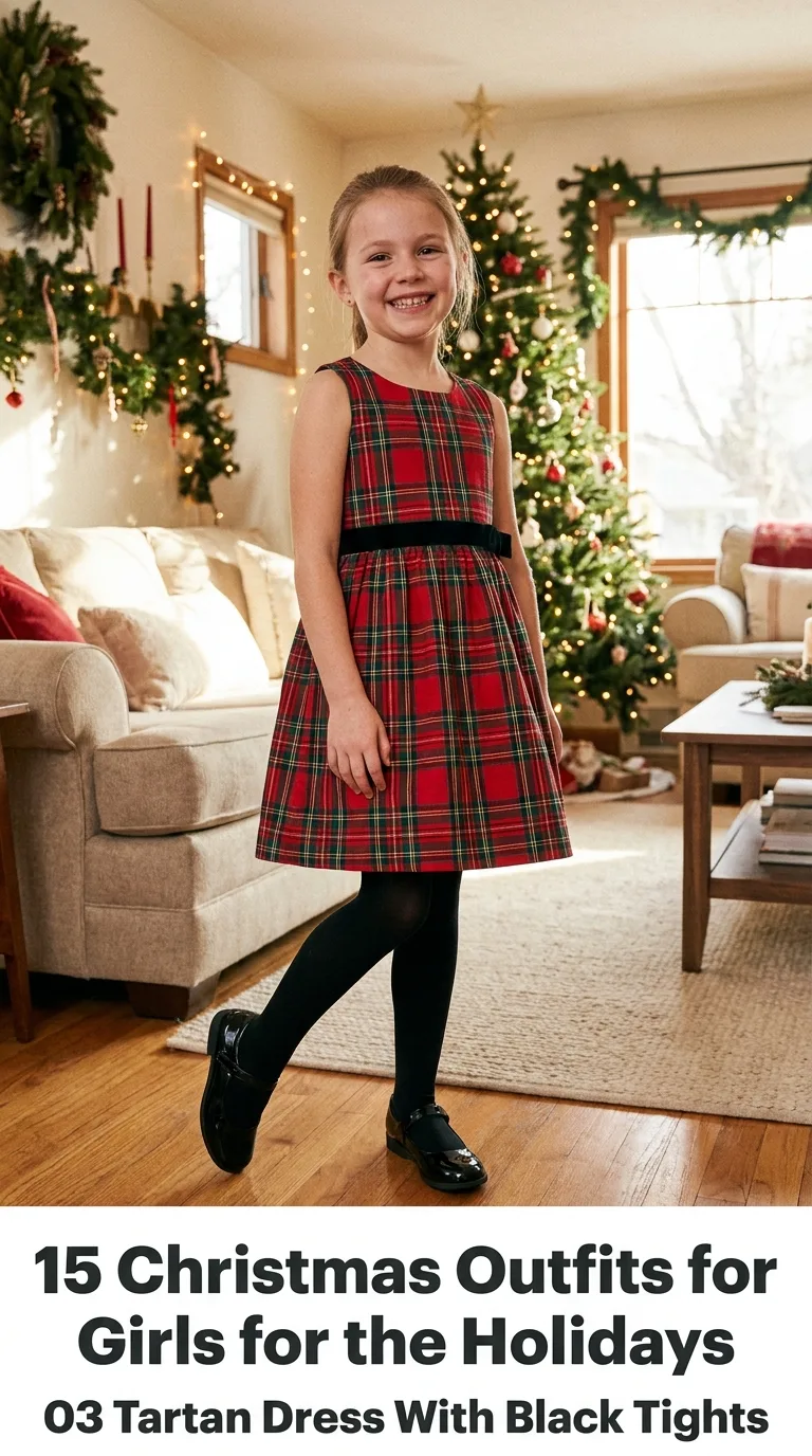 Girl wearing tartan Christmas dress